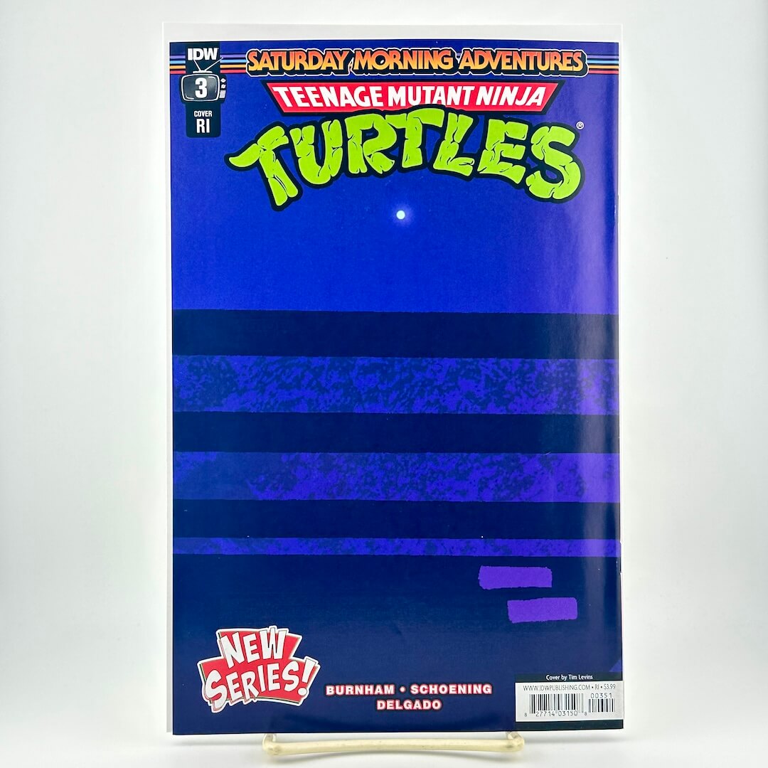 Comic book cover of Teenage Mutant Ninja Turtles with blue and purple design