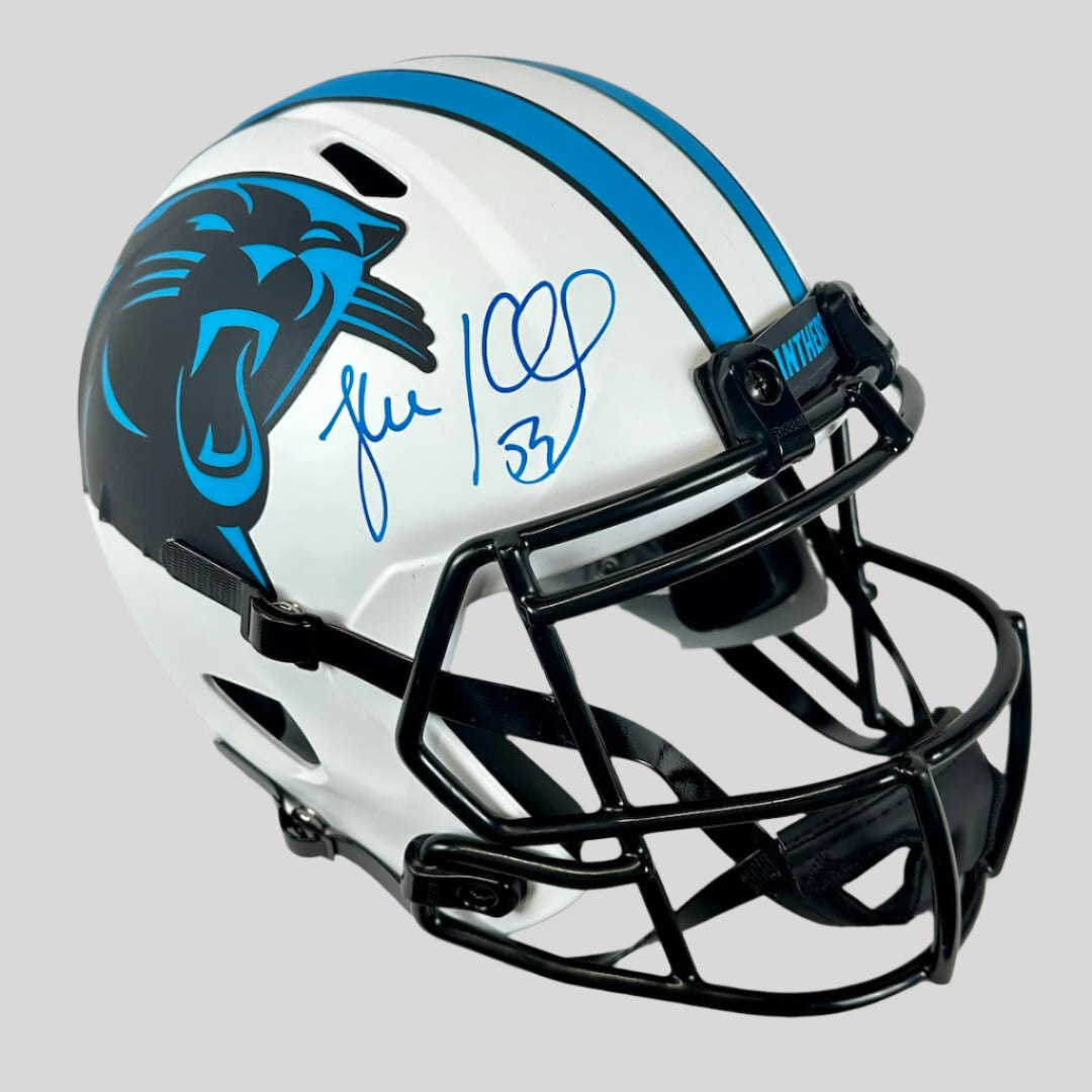 White full size replica american football helmet with blue/black panther logo on side, under white/blue stripes own center.