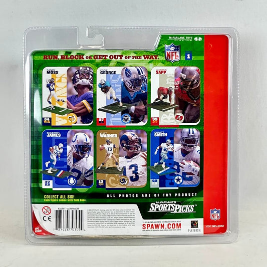 Sports figure packaging featuring NFL players with a colorful design on a white background.