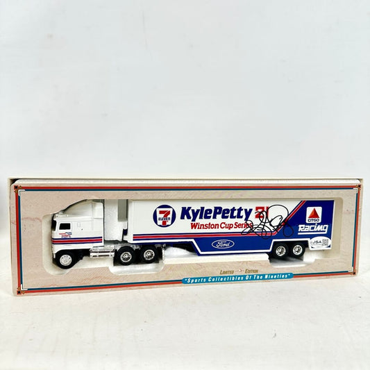 Model truck in a box with Kyle Petty branding on a white background