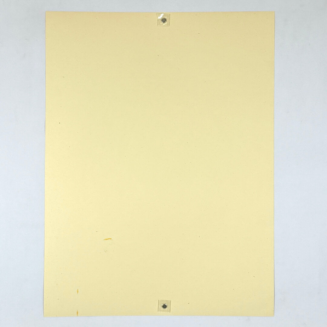 Backside of poster with a couple of brown marks on an natural fiber paper.