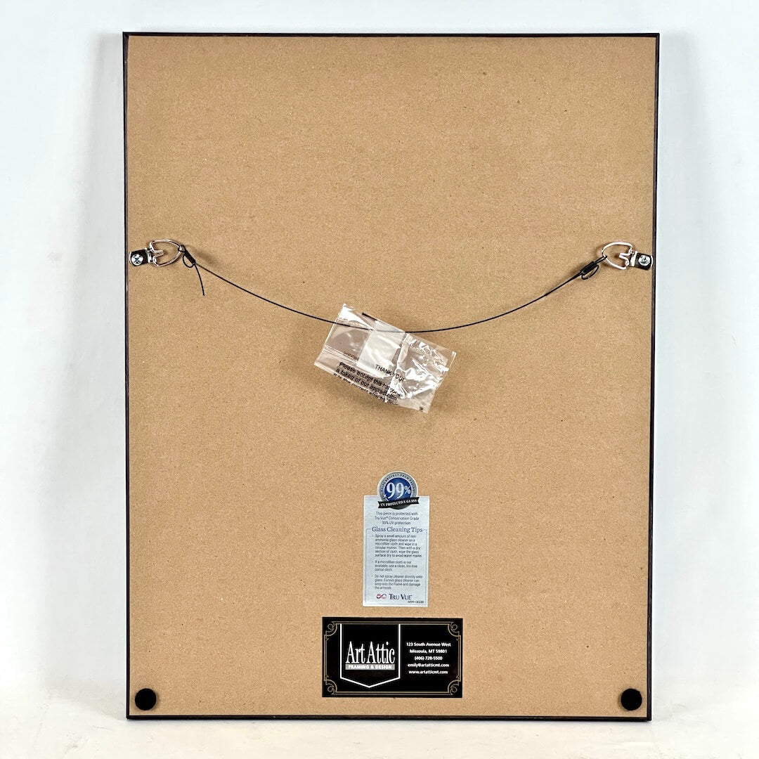 Backside of frame showing framer and care information.