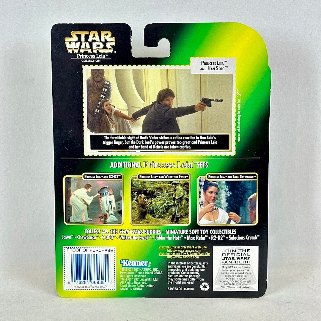 Star Wars Princess Leia action figure packaging with green and black design