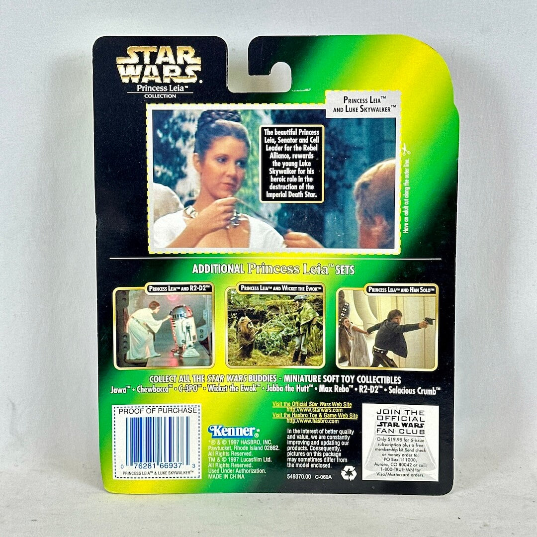 Back of a Star Wars Princess Leia action figure packaging with promotional text and images.