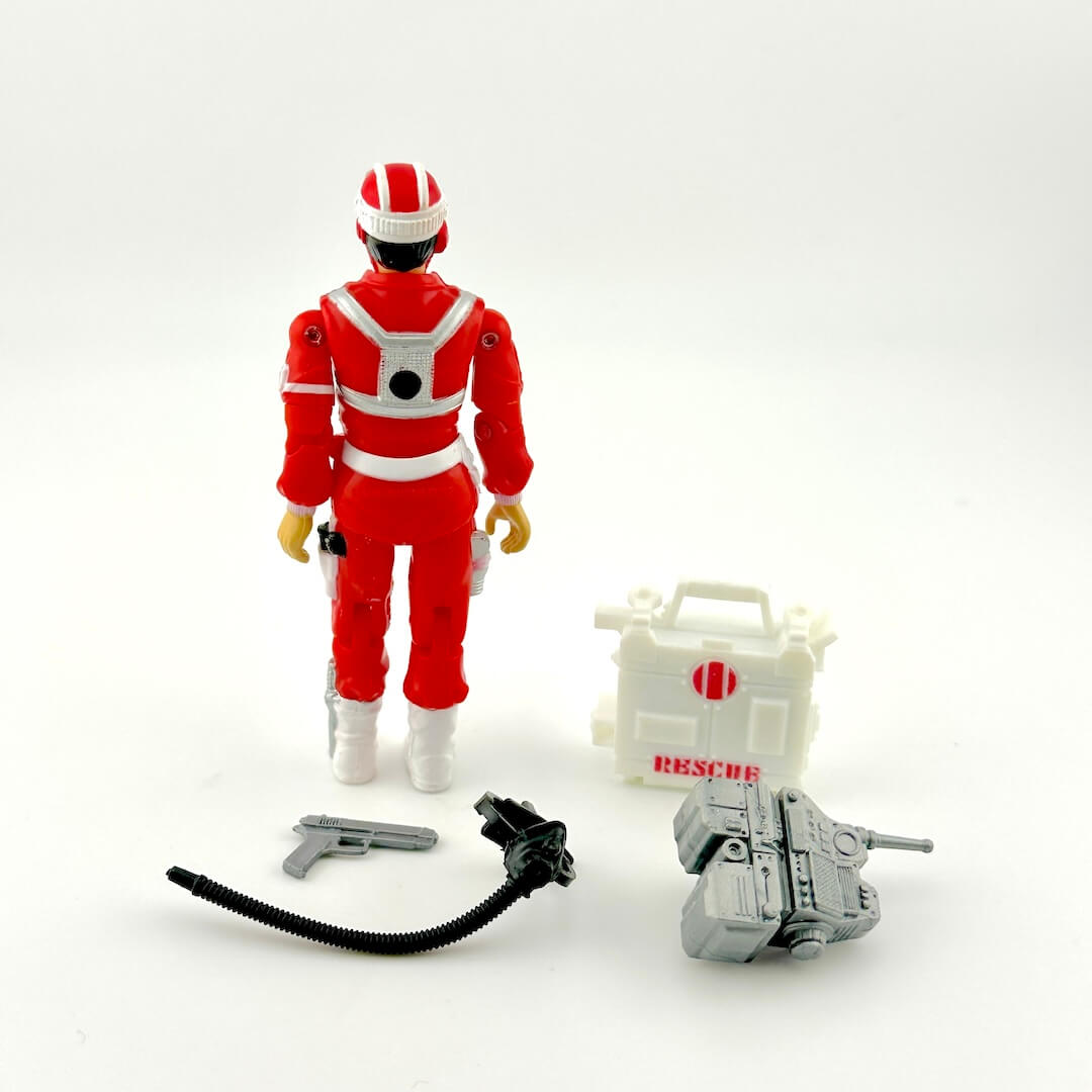 Action figure in red and white costume with accessories on a white background