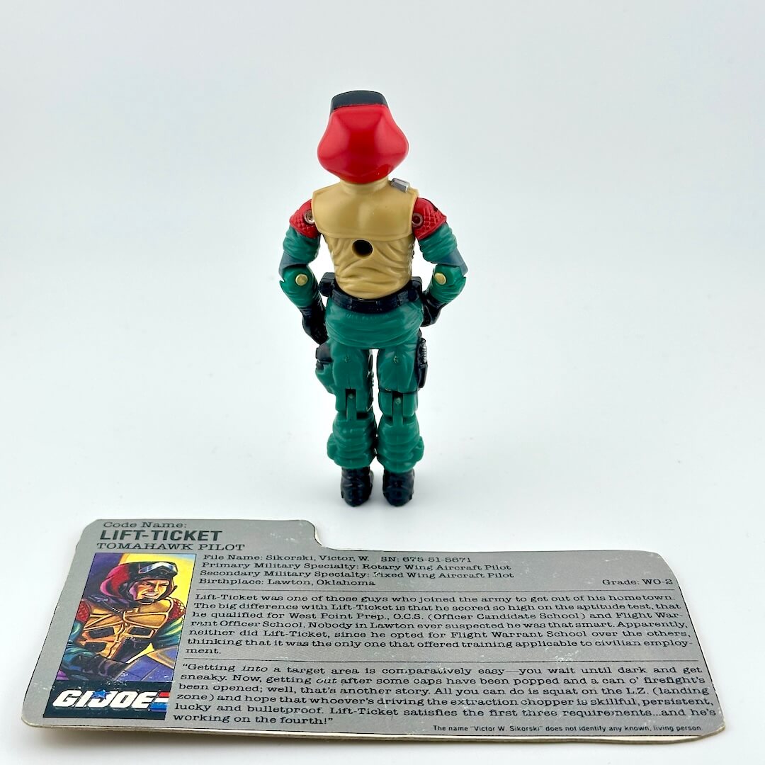 Back of GI Joe action figure with card against white background.