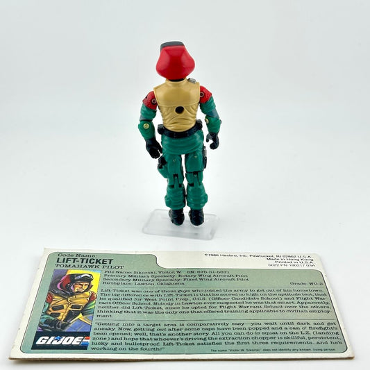 Back of GI Joe action figure with card against white background.