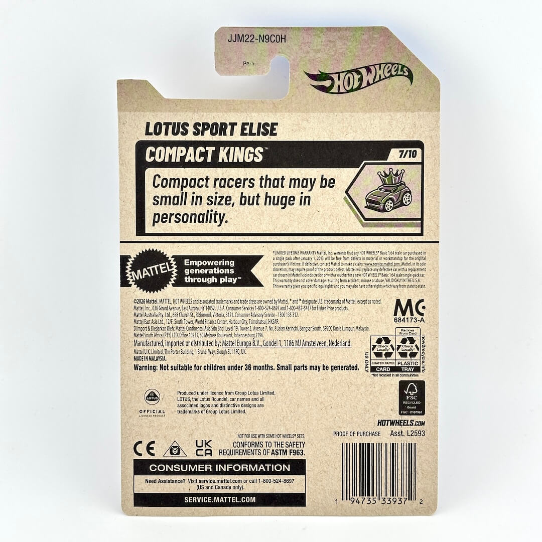 Back packaging of Mattel's Hot Wheels Compact Kings Lotus Sport Elise 7/10 toy car.