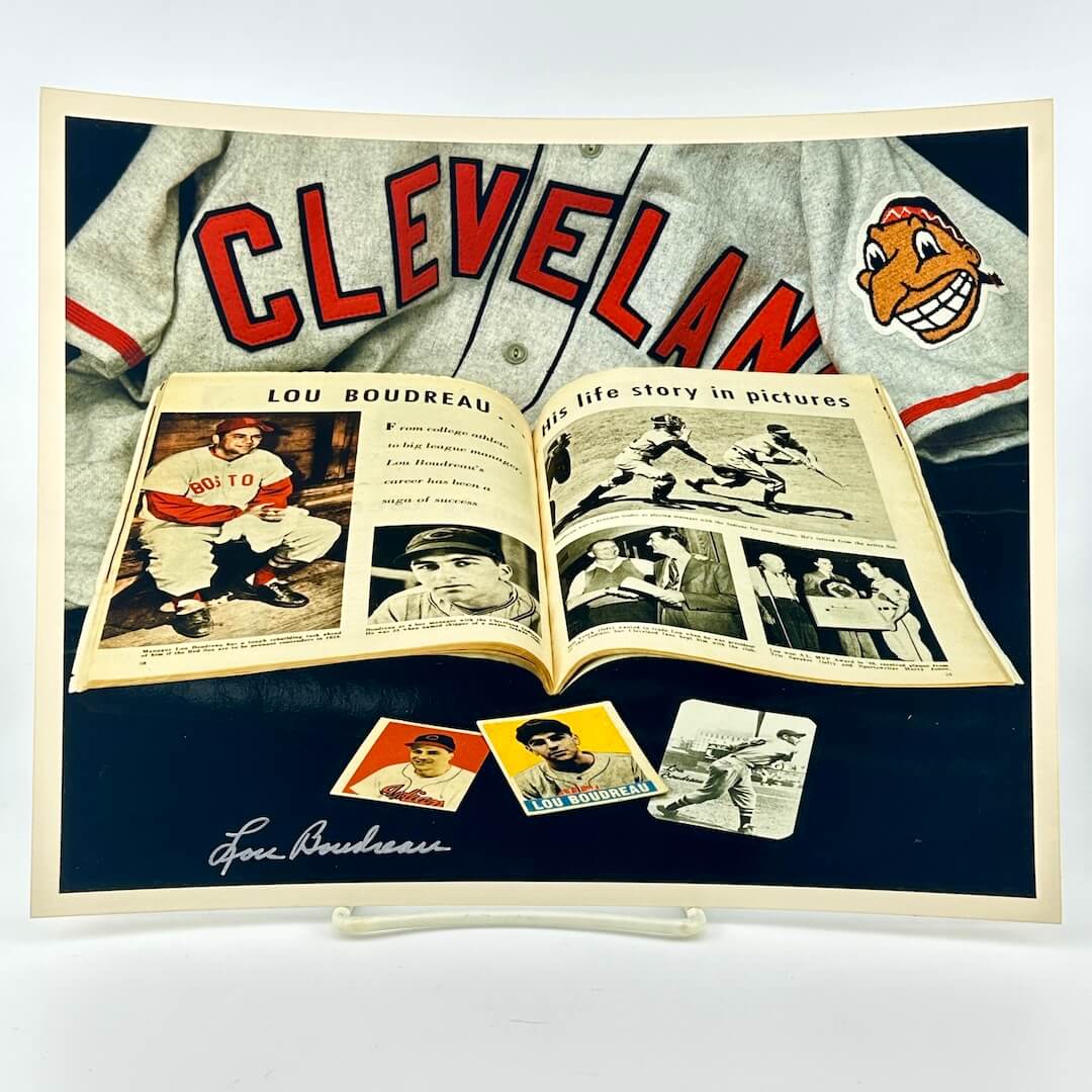 Photo of arranged baseball memorabilia featuring Lou Boudreau and his signature.