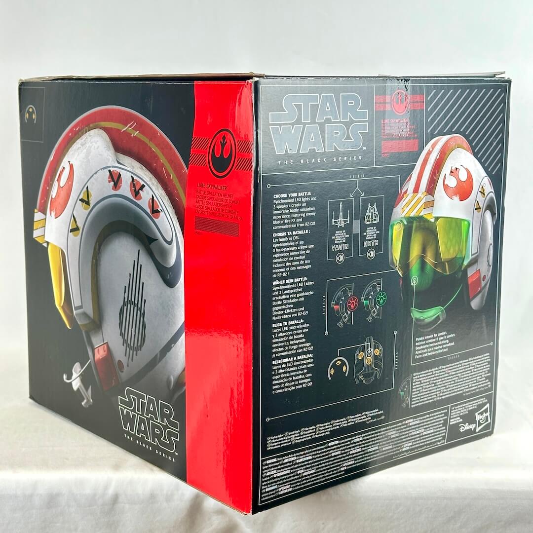 Star Wars toy helmet box, showing the front, spine, and back panels with product details and illustrations of the helmet.