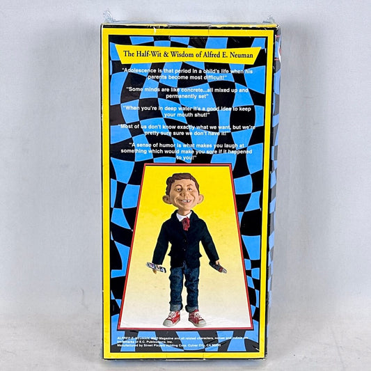 Boxed toy figure with a character design on a checkered background