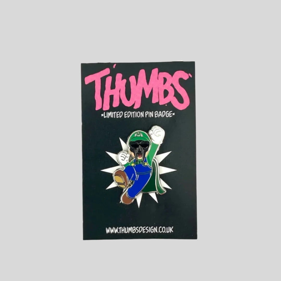 Luigi from Mario Bros. depicted with MF DOOM mask in power jump pose, with one arm raised.