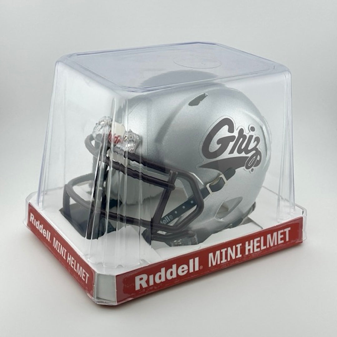 silver football helmet with maroon face mask & logo. Helmet is in clear display packaging.