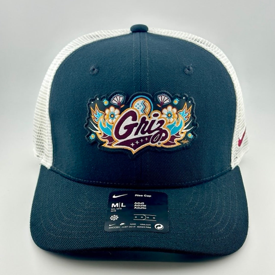 Snapback cap with white plastic mesh back, black brim & face. Artist rendering of GRIZ logo in center. Nike logo on left side