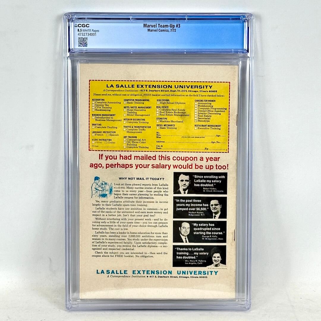 Backside of encapsulated comic book featuring an ad for a university on white background.