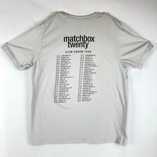 A light gray short-sleeve t-shirt, featuring 'matchbox twenty' and a 'SLOW DREAM TOUR' schedule on the back.