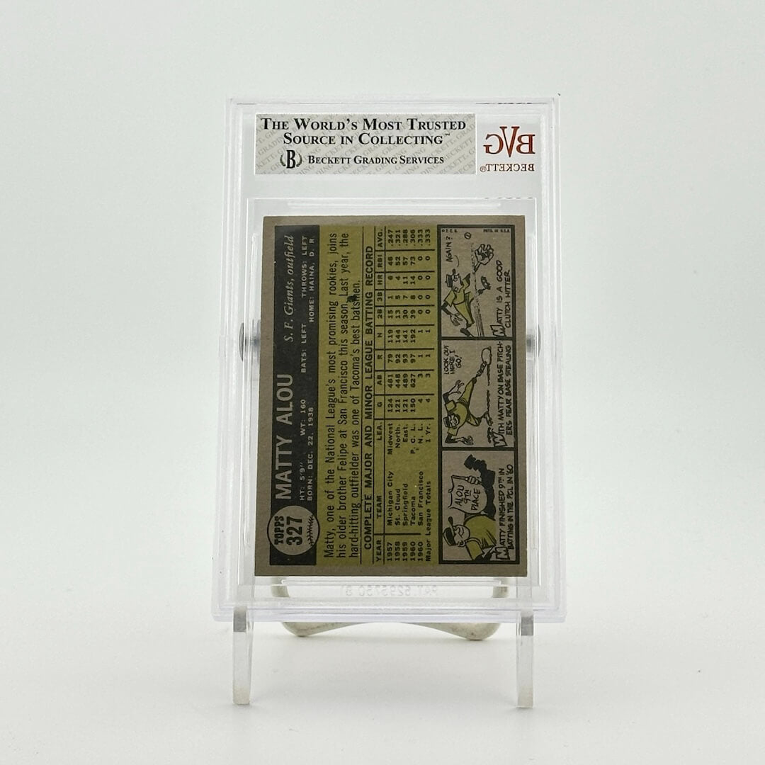 Plastic encased baseball card on cream cardstock, black text with player stats, comic along one side.