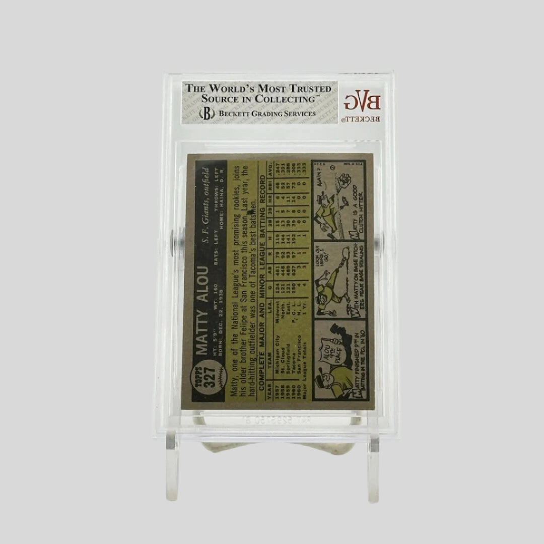 Plastic encased baseball card on cream cardstock, black text with player stats, comic along one side.