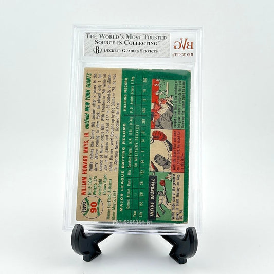 Baseball card for Willie Mays in clear plastic capsule on black easel against white background.