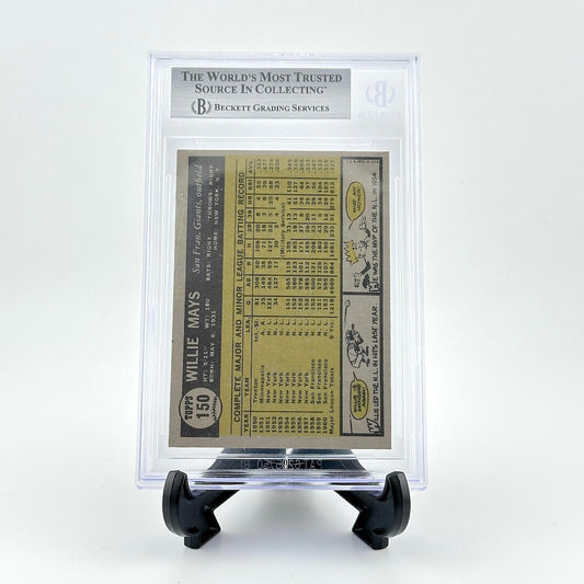 Vintage baseball card in a clear protective case on a white background