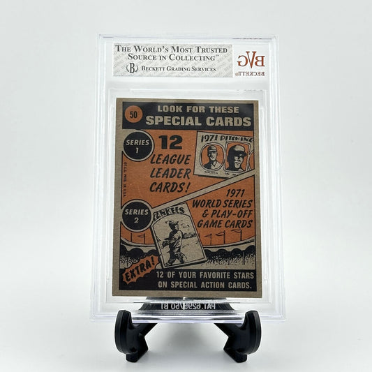 Vintage baseball trading card in a protective frame with BECG grading services label.