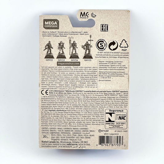The back of a Mega Construx toy packaging card, showing product information and safety labels.
