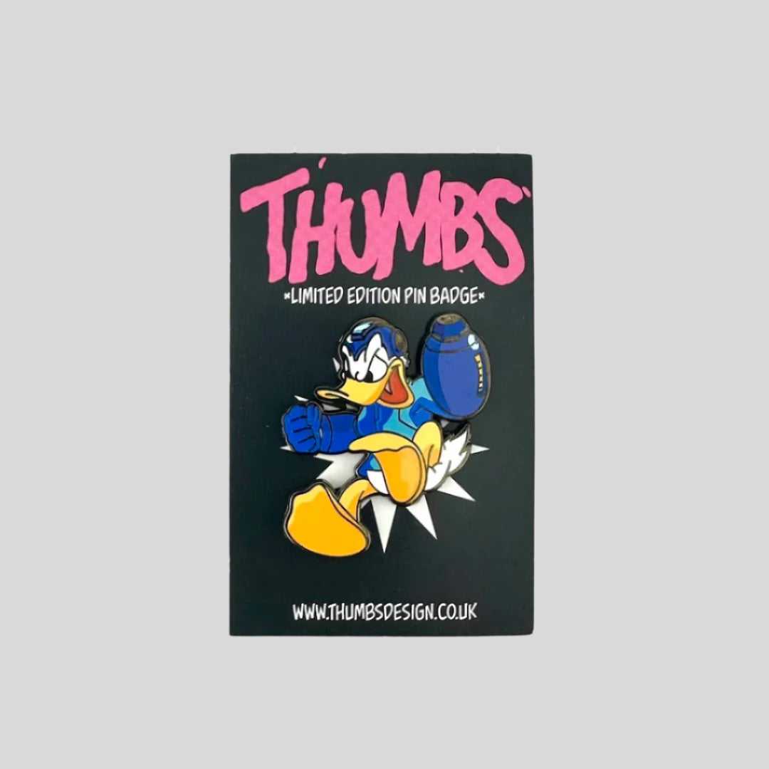 Donald Duck portrayed as Mega Man with blue armour in fighting pose.