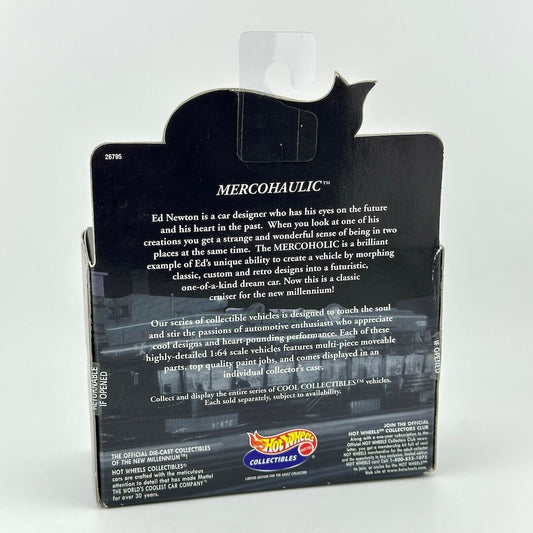 Back of a MERCOHAULIC Hot Wheels collectible vehicle box, featuring product description text, & a Hot Wheels logo.
