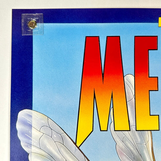 Colorful text with wings on a blue background