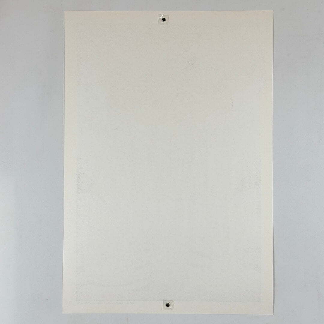 Backside of white poster to show no visible damage against white background.