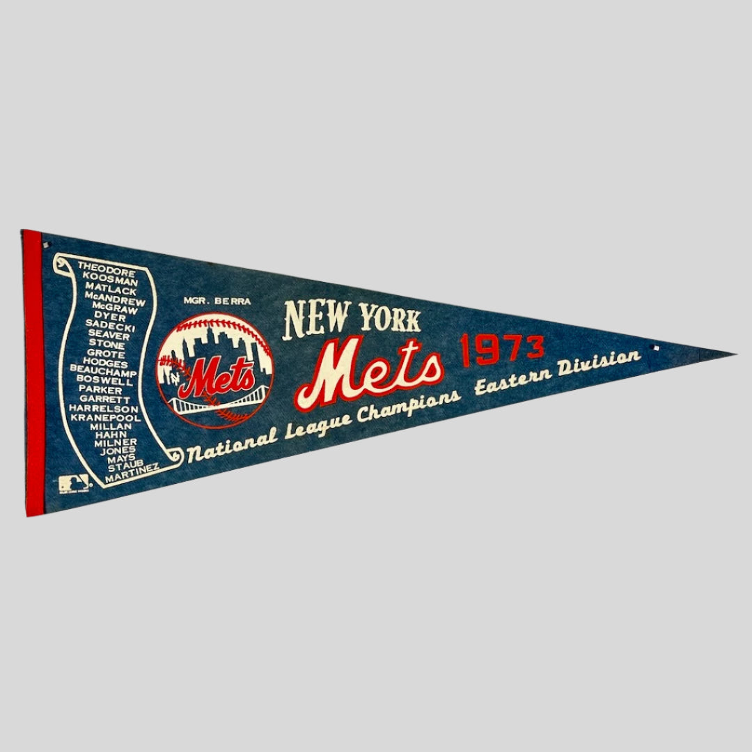 Navy Pennant with white & red print. Team roster on left banner, Mets Logo & name in center, Championship year at tip.