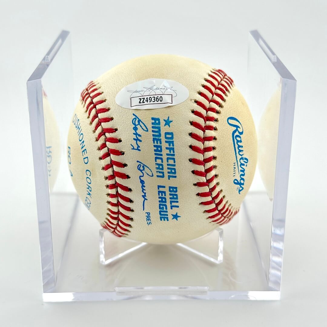 Rawlings official american league baseball with JSA sticker of authenticity inside clear display cube.
