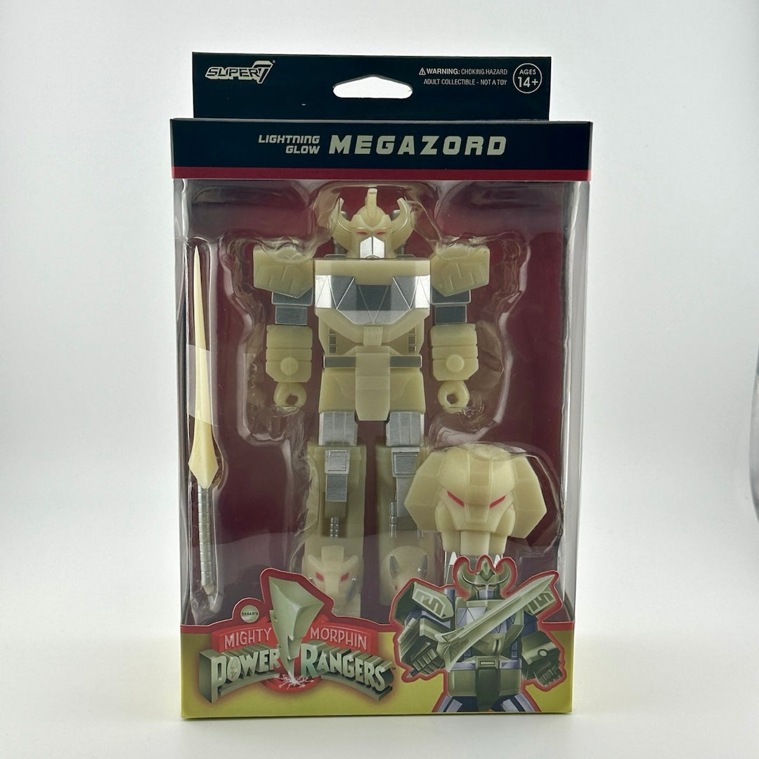 Black/red/yellow box with light green/silver Samurai style robot inside with extra mask and weapon.