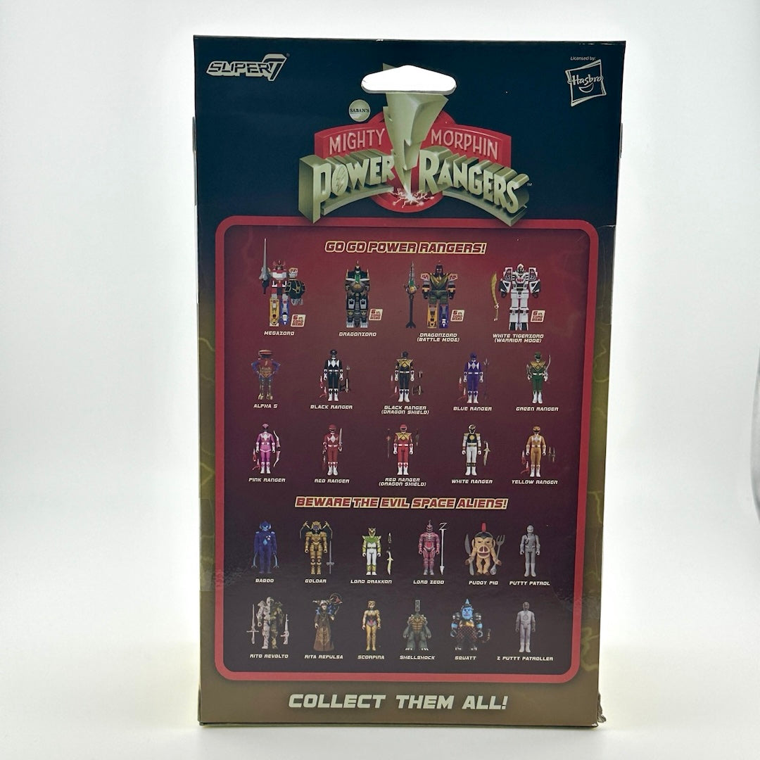 Back of box with Power Rangers logo over red box showing small icons of other available action figures.
