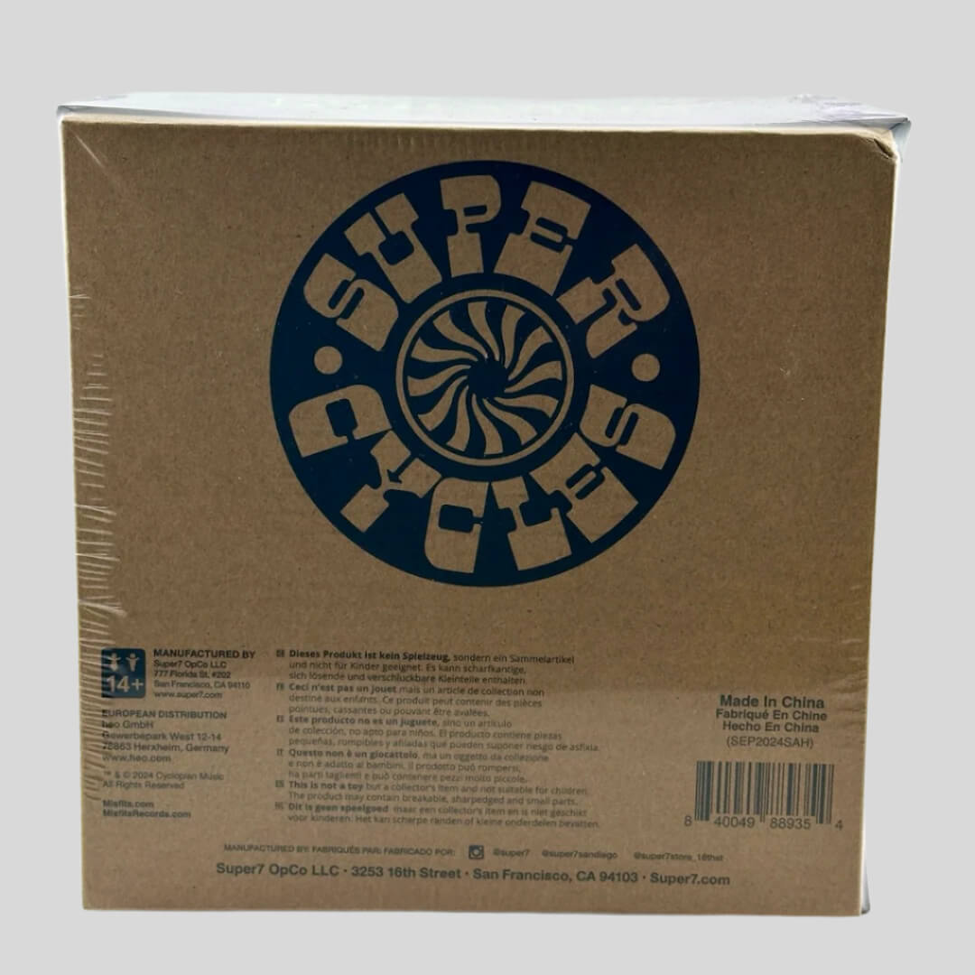 Back of box with circular logo for Super Cycles above small print with product manufacturing & copyright info.