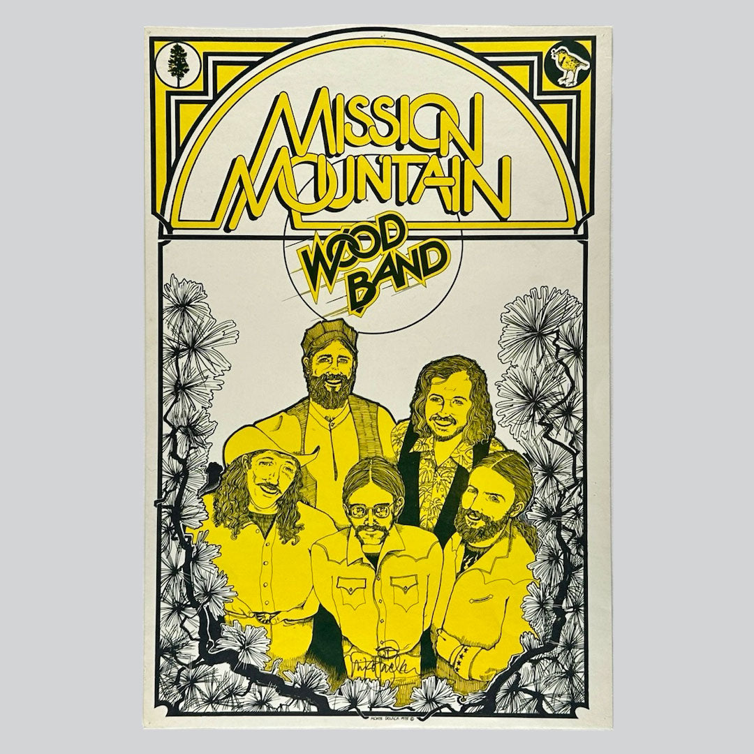 Mission Mountain Wood Band concert poster with black-and-yellow floral illustrations, signed by Monte Dolack, featuring bold text and intricate line art.