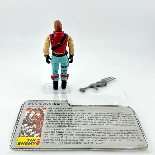 Action figure with a card detailing character information on a white background