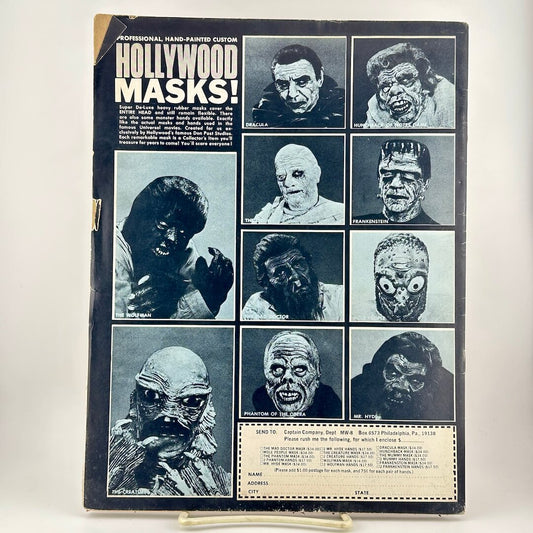 Back cover of magazine featuring an ad for classic Hollywood monster masks.