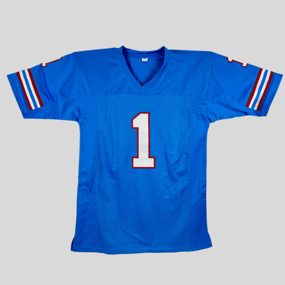 Blue sports jersey with number 1 on a gray background