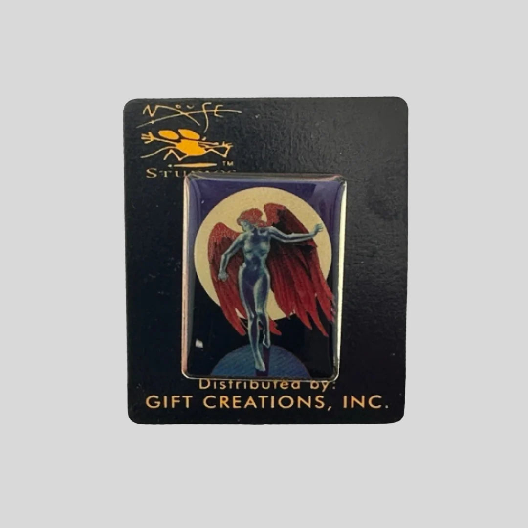 Red winged, blue bodied angel rising in front of full mood on hard enamel pin.