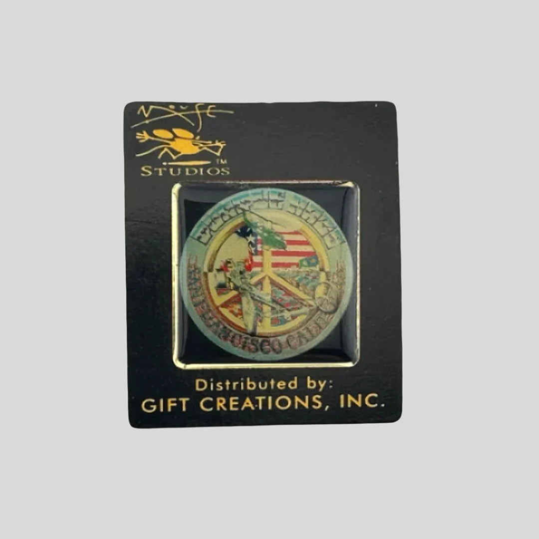 Peace sign with stylized "Purple Haze" around outer edge, American flag behind peace sign.