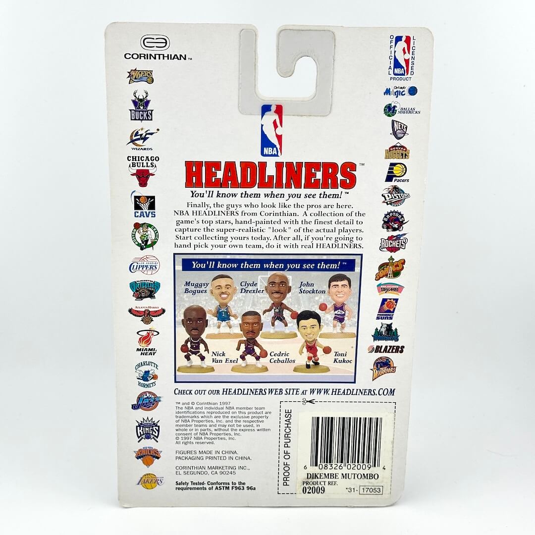 Back of a Corinthian Headliners action figure packaging with NBA branding and player images.