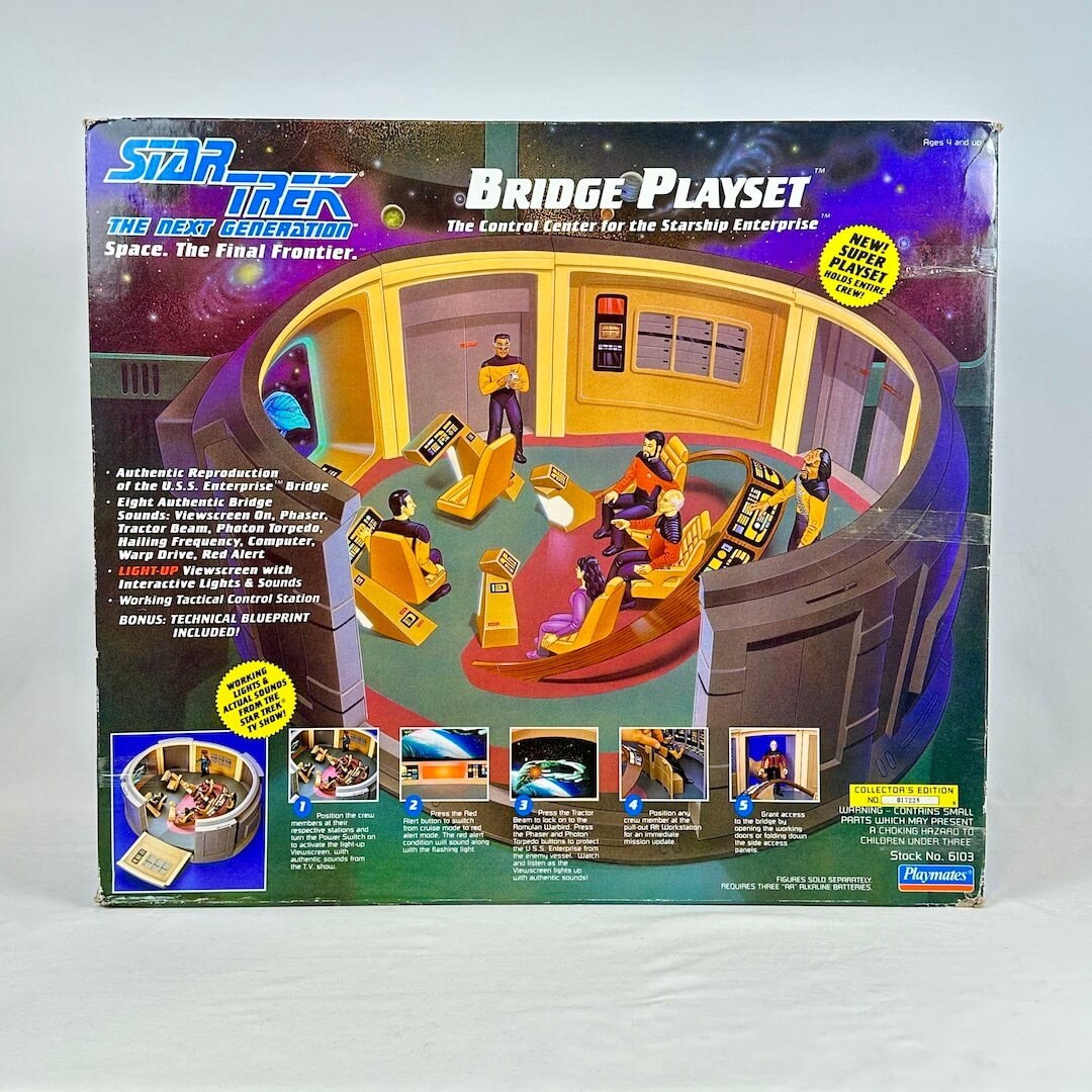 Box for a Star Trek toy bridge playset on a white background