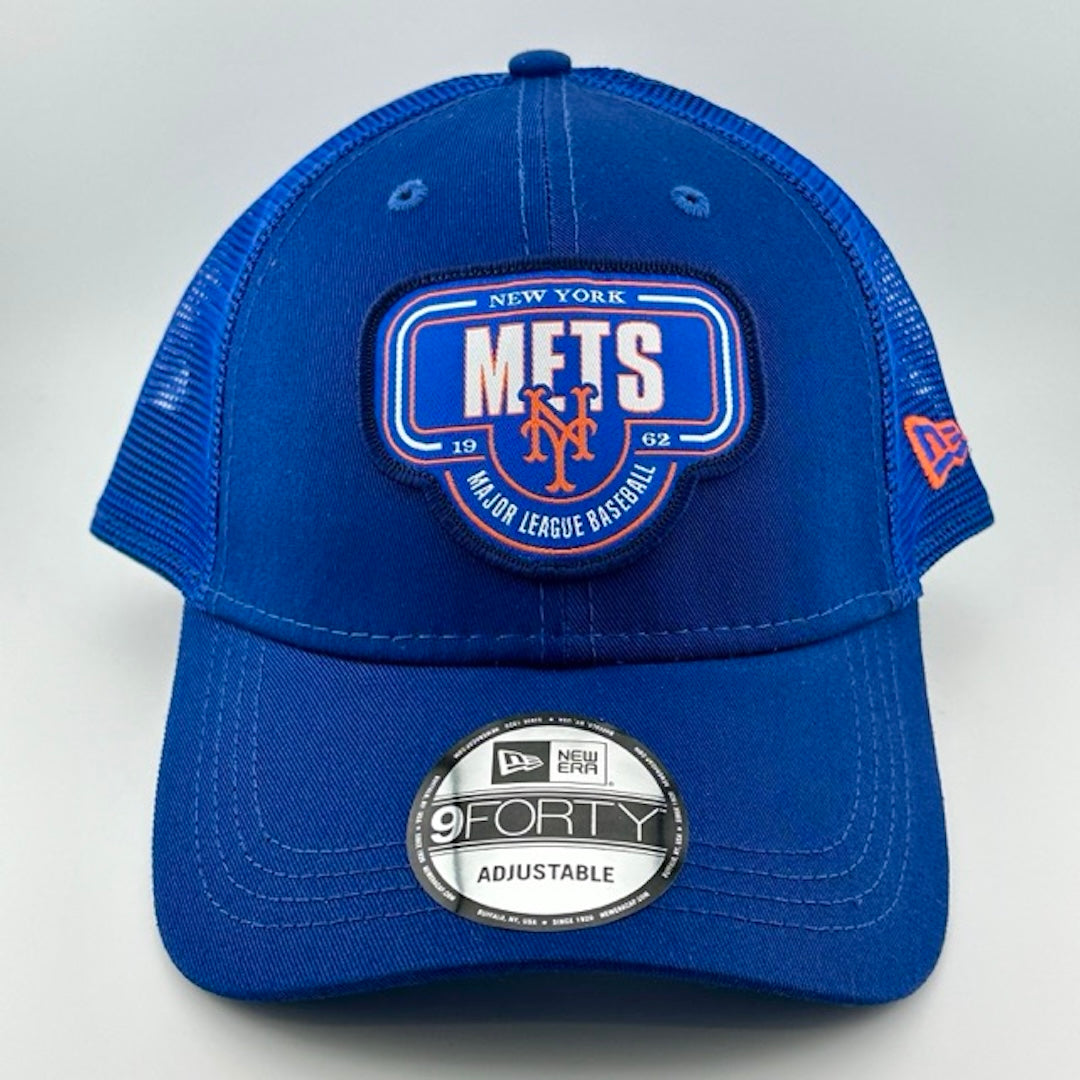 Baseball cap with blue face, brim & plastic mesh back. New York Mets blue/white/orange logo center-face.