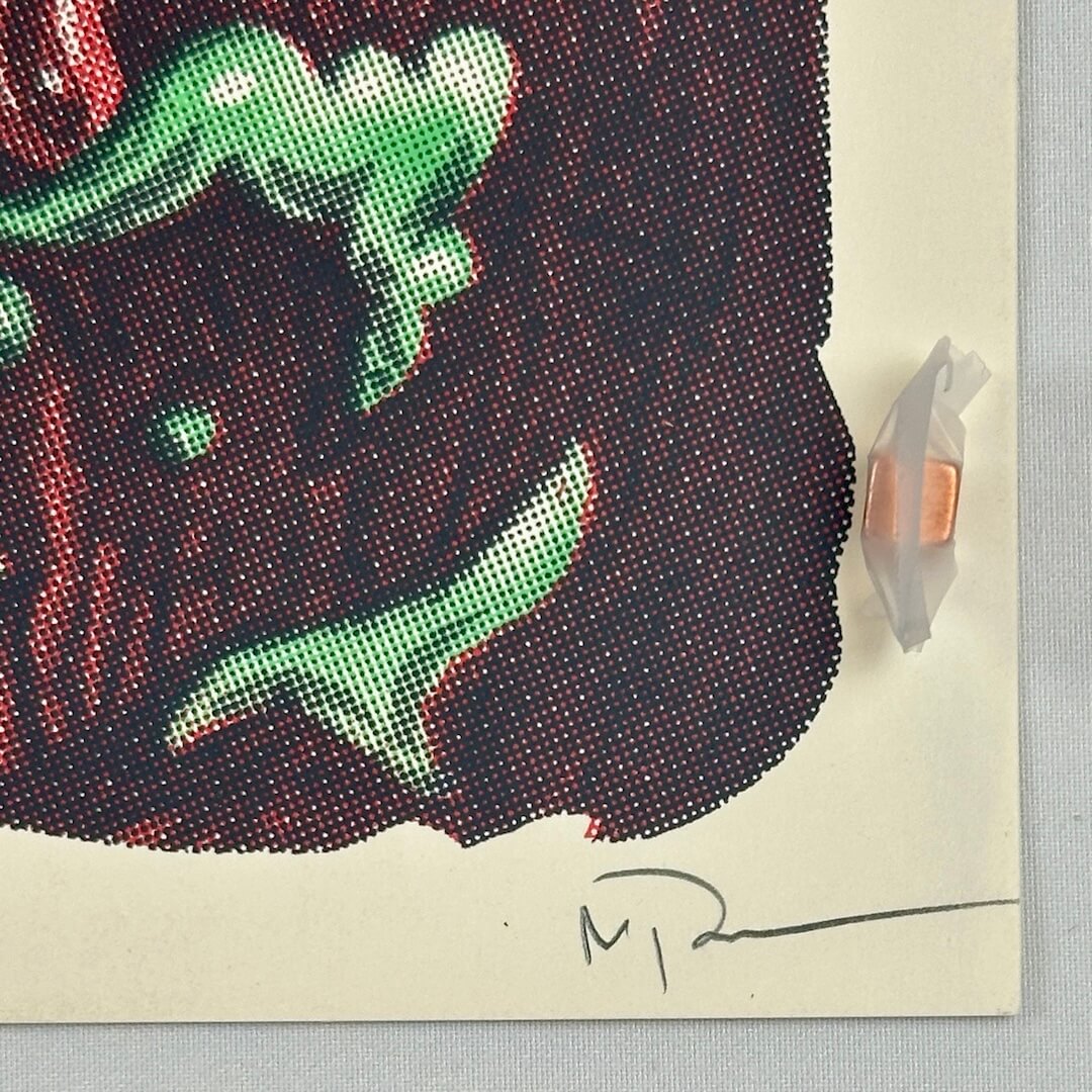 Close up of artists' signature in bottom right corner in pencil. Multiple screen print processings visible in detail.