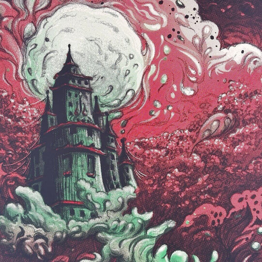 Close up of castle in center of poster to show print detail. Castle is turquoise with red roofing.