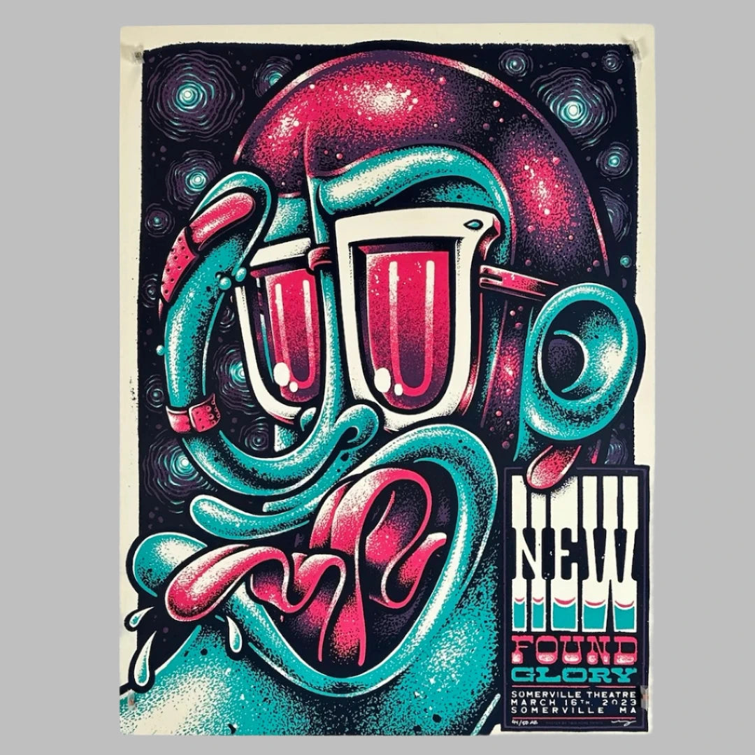 Graffiti style face in turquoise & magenta with its tongue out, event info in bottom right corner.