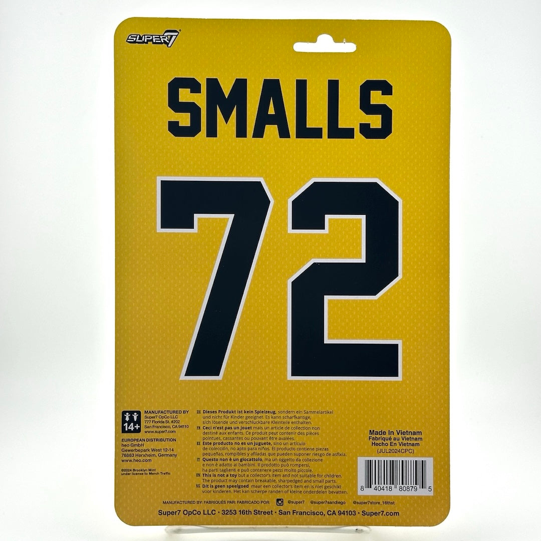Back of packaging with jersey style SMALLS over 72, small black text under for manufacturer & copyright info.