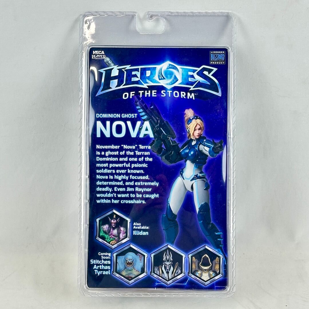 Action figure in packaging with Heroes of the Storm and NECA branding against gray background.