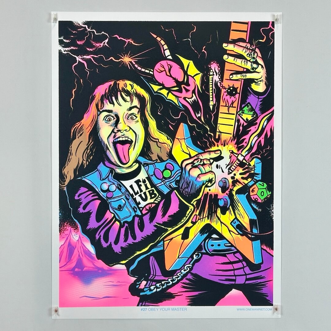 Colorful poster of a person with a guitar on a black background